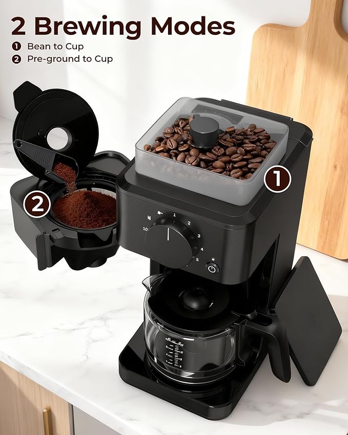 10 Cup Coffee Maker with Grinder Built in, Automatic Grind and Brew Coffee Machine with Glass carafe, Reusable Filter, Auto shut off, Warming plate, for Home Offices or Large Families, Black