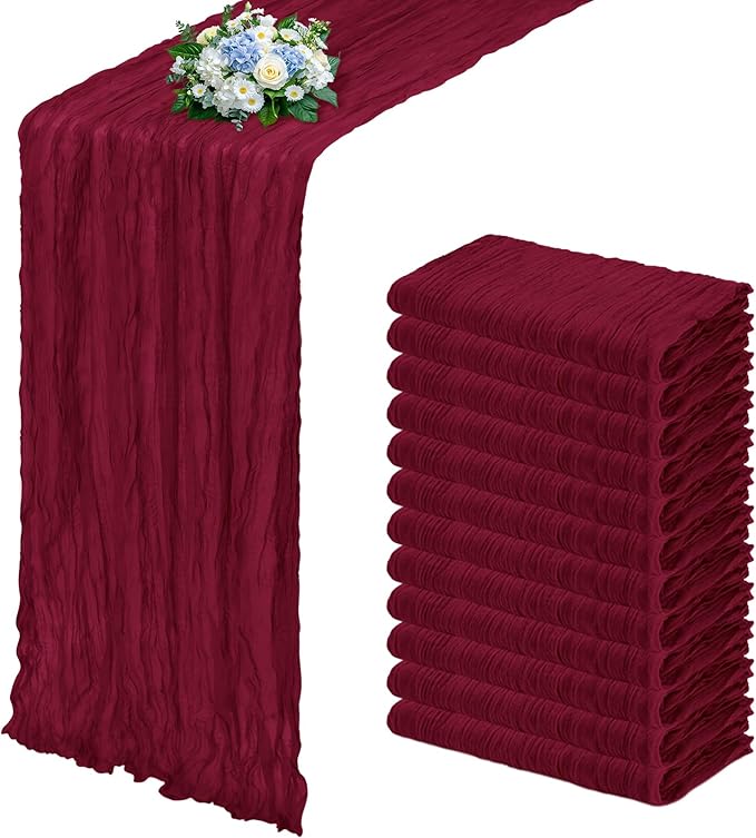 12 Pack Burgundy Cheesecloth Table Runner 17x108 Inch Semi Sheer Boho Gauze Cheese Cloth Fabric Table Runners, for Wedding Party Baby Shower Birthday Home Decor Garden Farmhouse