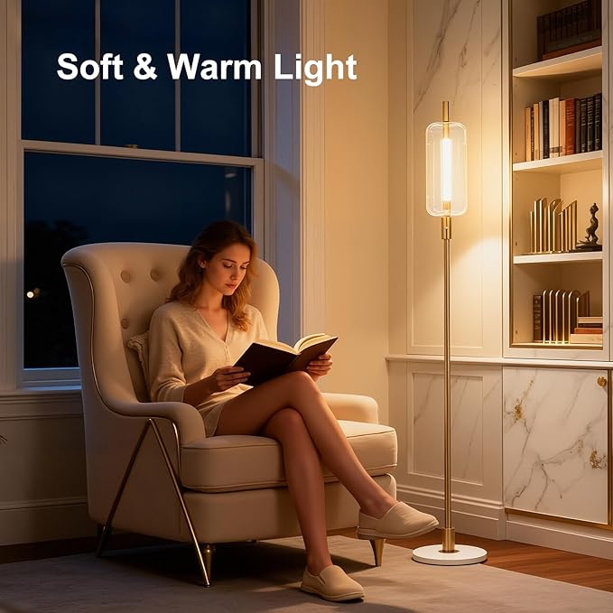 Dimmable Glass Floor Lamps for Living Room, Modern Standing Floor Lamp with Glass Lampshade, Marble Base, 64" Tall Lamp with Touch Switch for Bedroom Office Living Room