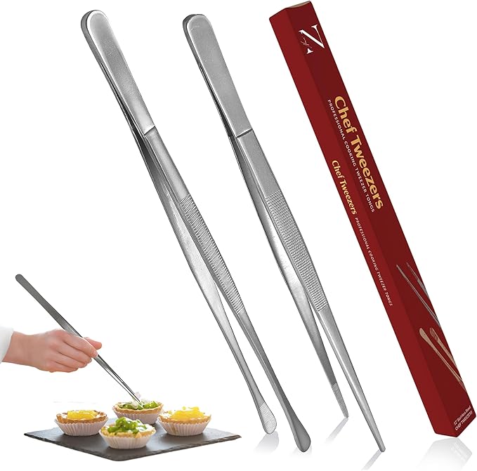 Namre' Tweezer Tongs for Cooking -Plating - 2 Pack Stainless Steel Cooking Tongs - Chopstick Precise & Strong Chef Tweezers for Food & Small Objects - 12 Inch - (Silver) Holiday and hostess gift.