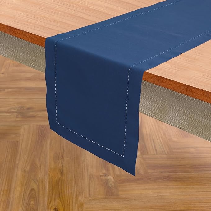 Solino Home Cotton Linen Table Runner 48 Inches - Lapis Blue Hemstitch Table Runner 14 x 48 Inch Ideal for Dresser and Coffee Tables