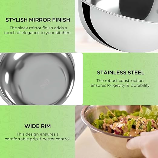 OCS Parts 5 Quart Mixing Bowls | Set of 2 | 11.25-Inch Stainless Steel Professional Grade Flat Base Mixing Bowls for Home and Commercial Kitchens | Dishwasher Safe