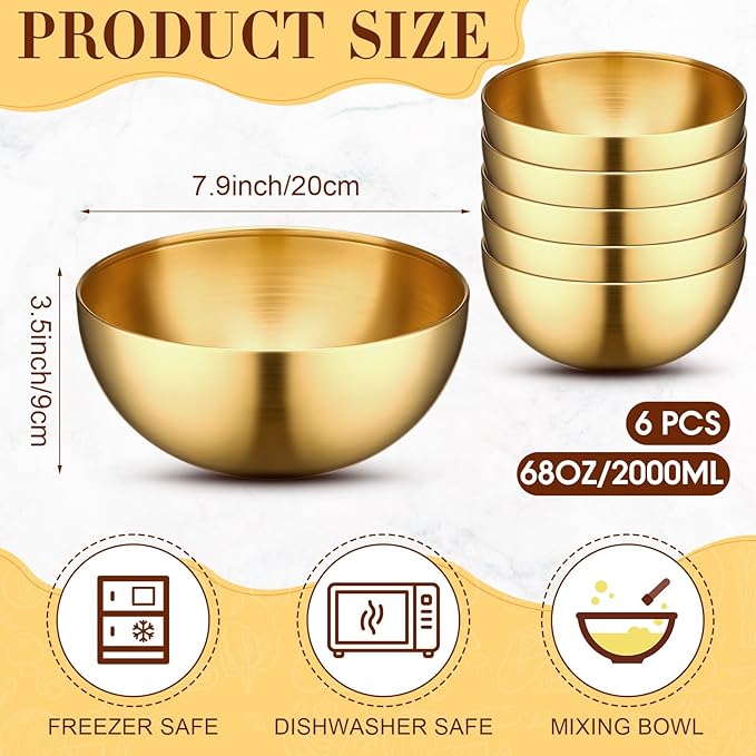 Nuogo 6 Pcs Stainless Steel Gold Mixing Bowls Christmas Gold Esthetician Bowls for Christmas First Holy Communion Wedding Party Facial Cereal Rice Noddle Fruit Cooking Baking Serving