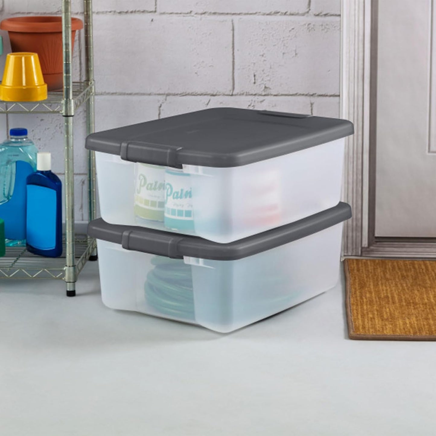 Sterilite 12-Pack ShelfTote, Clear Plastic Storage Bins with Lids, 25 Quart, Gray - Stackable Organizing Container Boxes for Closet, Bathroom, and Office