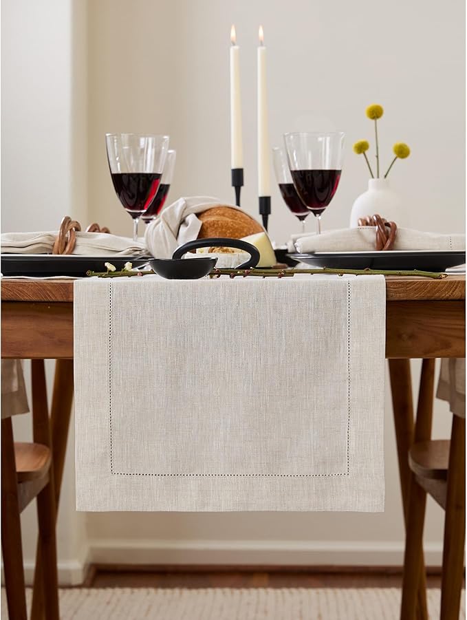 Solino Home Linen Light Natural Table Runner 72 Inches Long - 100% Pure Linen Hemstitch Table Runner 14 x 72 Inch for Dresser, Dining, Christmas, New Year - Classic Hemstitch