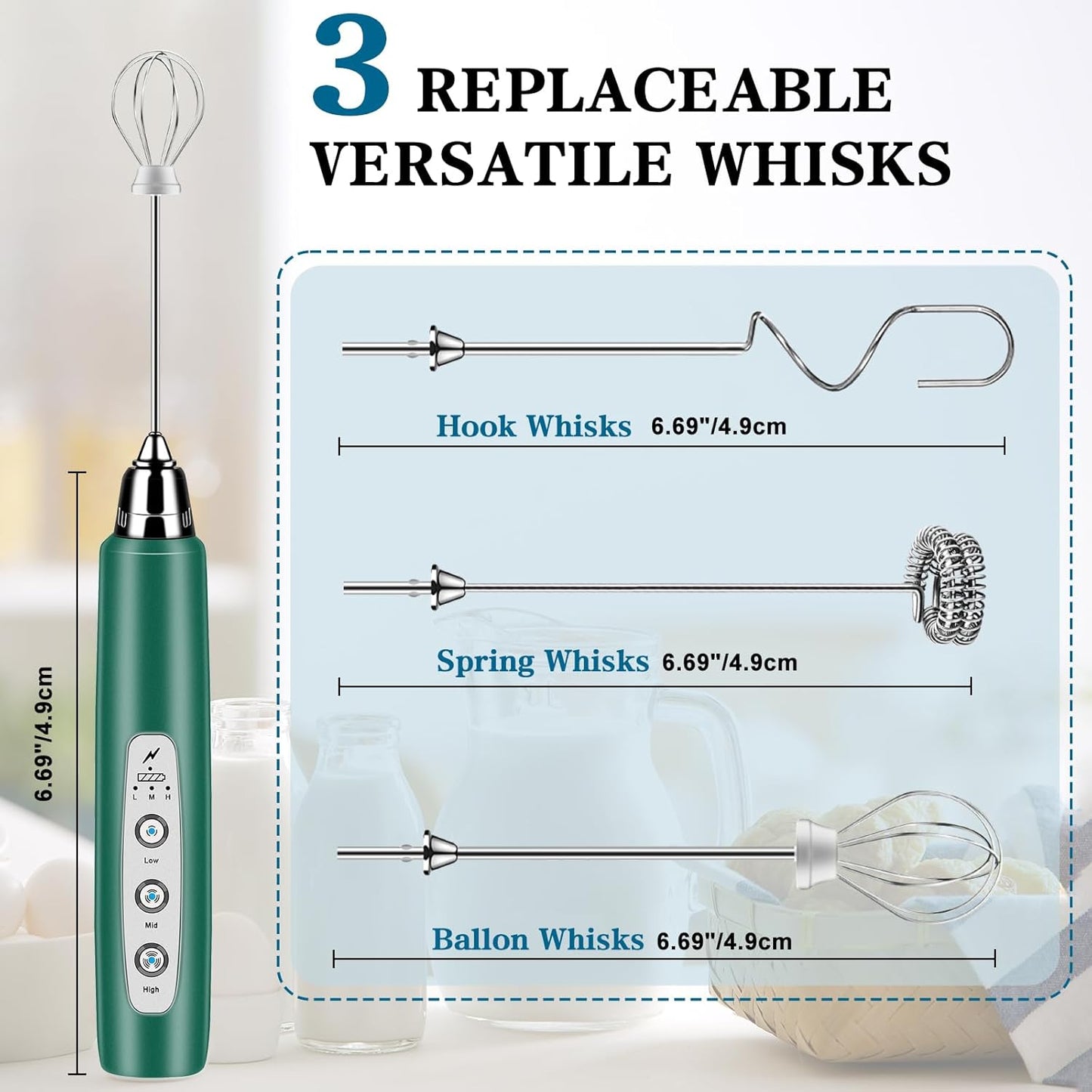 Milk Frother Handheld for Coffee, Electric Whisk 3 Speed Adjustable, Drink Mixer with Stainless 3 Whisks, Rechargeable Hand Frother Wand, for Latte Cappuccino Hot Chocolate Egg Green