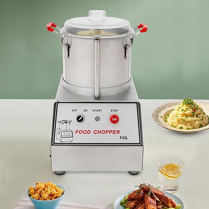 Commercial Food Processor, 1100W Stainless Steel Food-Processor, 2.64 Gal Capacity Electric Food Cutter with Clear Lid & Handles for Restaurants Cafeterias Food Processing Plants
