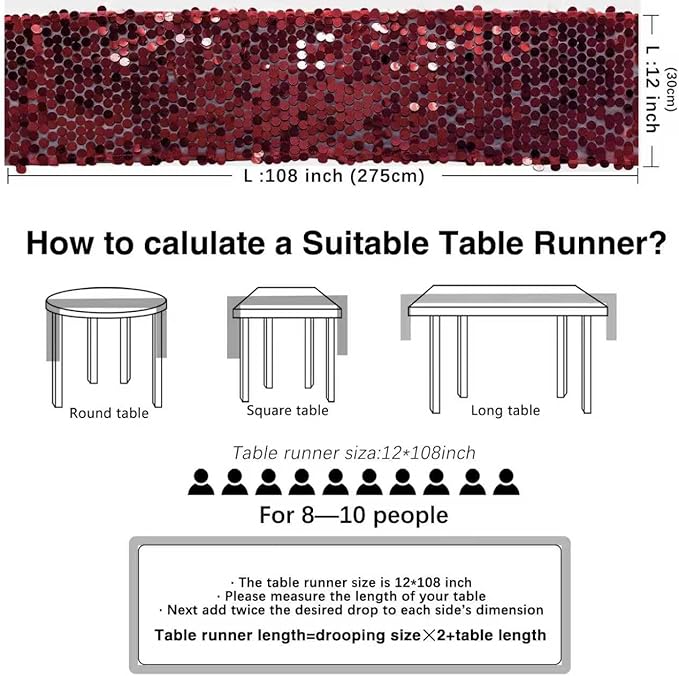12 x 108 Inch Burgundy Sequin Table Runner Glitter Rectangle Big Sequin Table Runner for Wedding Party Birthday Christmas Halloween Decoration (1 Pack)