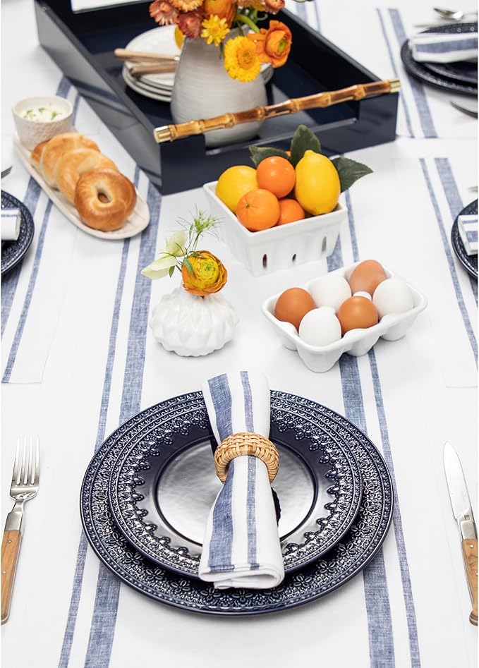 Solino Home Linen Table Runner 156 Inches Long - 100% Pure Linen Navy and White French Stripe Table Runner 14 x 156 Inch for Dining