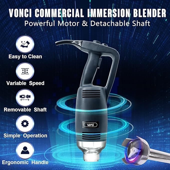 VONCI 500W Commercial Immersion Blender, 16" SUS 304 Removable Shaft, Heavy Duty Power Hand Mixer with Variable Speed 6000-20000RPM, Professional Electric Stick Blender for Restaurant Kitchen Use.