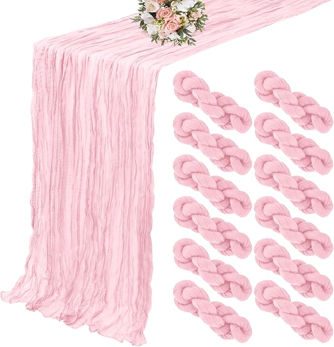 12 Pack Cheesecloth Table Runner 35 x 120 inch Long Boho Cheese Cloth Gauze Table Runners Semi Sheer Table Runner for Wedding Decor, Bridal Shower, Birthday Party (Light Pink)