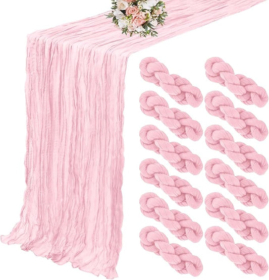 12 Pack Cheesecloth Table Runner 20 x 120 inch Cheese Cloth Table Runner Bulk,Romantic Boho Sheer Gauze Fabric Table Runners for Wedding Reception,Party,Bridal Shower Table Decor(Light Pink)