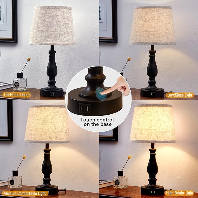 Table Lamps Set of 2, Bedside Nightstand Lamps with USB Charging Ports,Dimmable Touch with Linen Fabric Lampshade, Modern Small Lamp for Bedrooms, Living Room (Bulbs Included)