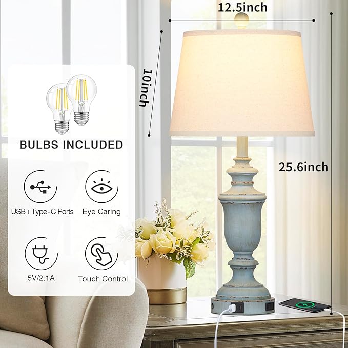 25.6" Blue Table Lamps Set of 2 with USB C+A Ports & AC Outlet for Coastal Living Room Bedroom,3-Way Dimmable Farmhouse Touch Lamp Bedside Lamps for Nightstand,Retro Blue