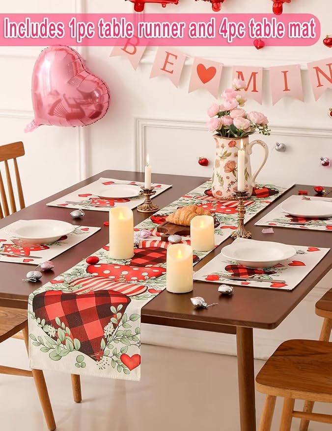 Eucalyptus Hearts Valentine's Day Table Runner 13"x72" & 4 Pcs 12"x18" Placemats Sets with 12 Heart Balloons, Love Letter Balloons, Stickers & Blowing Straw for Home Party Decor