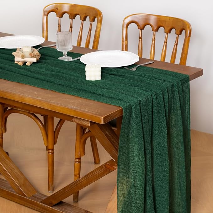 Socomi 6pcs Emerald Green Fall Thanksgiving Cheesecloth Table Runner Gauze 120 Inch Rustic Boho Cheese Cloth Runner for Wedding Party Baby Bridal Shower Centerpiece Decoration Holiday Home Decorations