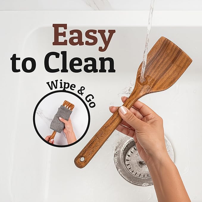 PriorityChef Wooden Wok Spatula - Teak Wood Stir Fry with Long Handle Wooden Spatula, Nonstick Safe and Hand-finished - Durable Cooking Utensil for Kitchen Use, Easy to Clean