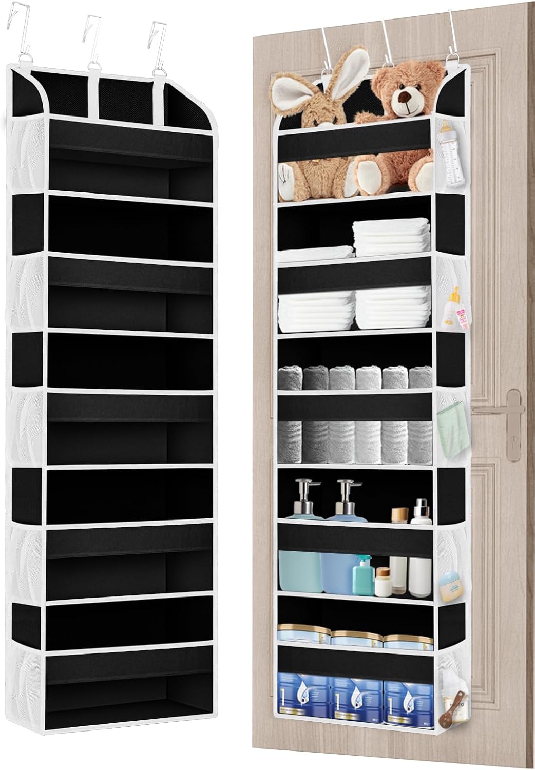 1 Pack Over The Door Storage Organizer with 5 Pockets 10 Mesh Side Pockets, 44 lbs Weight Capacity Door Hanging Organizers and Storage for Bedroom,Bathroom,Nursery,Pantry,Dorm(Black)