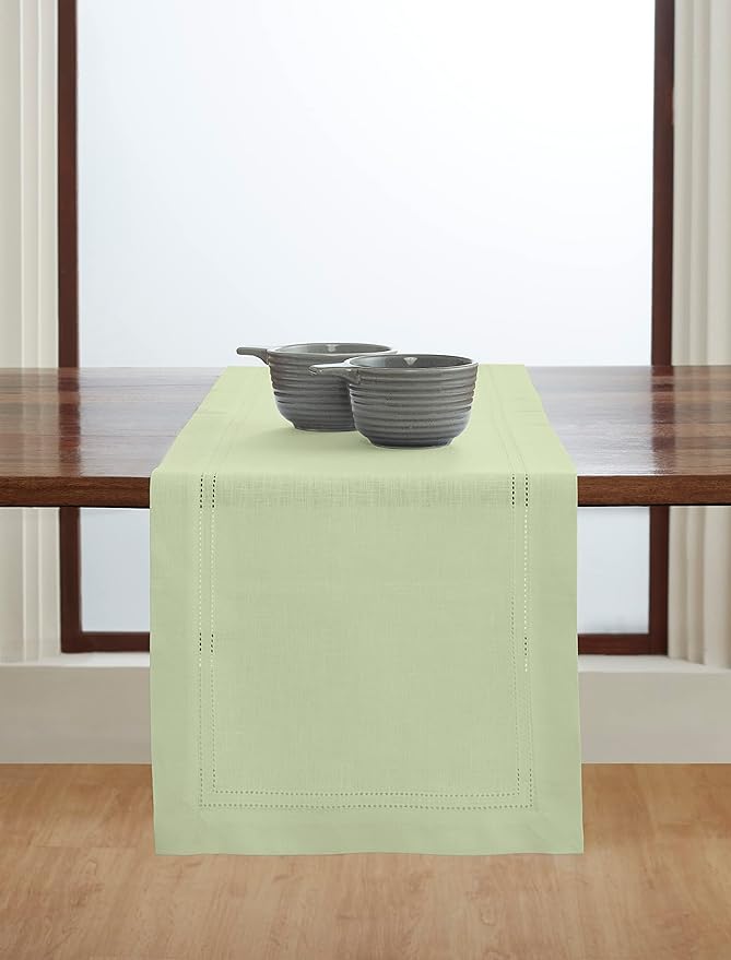 Solino Home Linen Table Runner 120 Inches Long - 100% Pure Linen Sage Green Table Runner 14 x 120 Inch for Christmas, New Year - Double Hemstitch