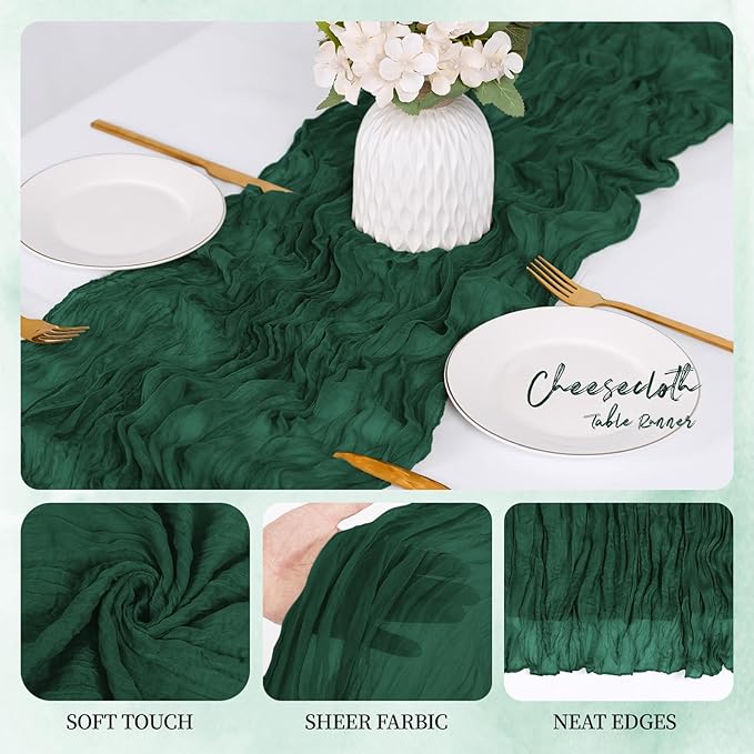 6 Pack Emerald Green Cheesecloth Table Runner 17x108 Inch Semi Sheer Boho Gauze Cheese Cloth Fabric Table Runners, for Wedding Party Baby Shower Birthday Home Decor Garden Farmhouse