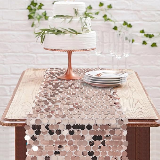12 x 108 Inch Rose Gold Sequin Table Runner Glitter Rectangle Big Sequin Table Runner for Wedding Party Birthday Christmas Halloween Decoration (1 Pack)