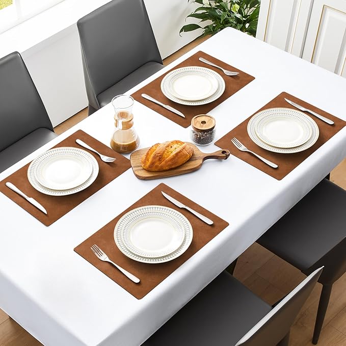 MOSAYT Vinyl Placemats Set of 4-12 X 17 Inch - Winter Faux Leather 100% Waterproof Oil-Proof Wipeable PU Place Mats, Heat Resistant Reversible Table Mats for Kitchen, Dining, Outdoor (Reddish Brown)