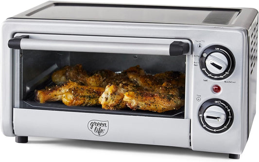 GreenLife Countertop Toaster Oven Air Fryer Stainless Steel, Healthy Ceramic Nonstick, PFAS and PFOA-Free, Tray & Basket, Bake, Broil, Reheat, Adjustable Temp & Time Control, Auto Shutoff, Black