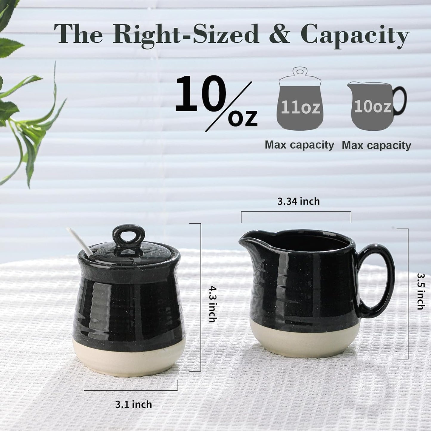 Hasense Sugar and Creamer Set, 3 Piece Porcelain Coffee Serving Set with Cream Pitcher, Sugar Bowl, Lid & Spoon, 10 Ounce Creamer Container and Sugar Pot, Farmhouse Decor (Black)