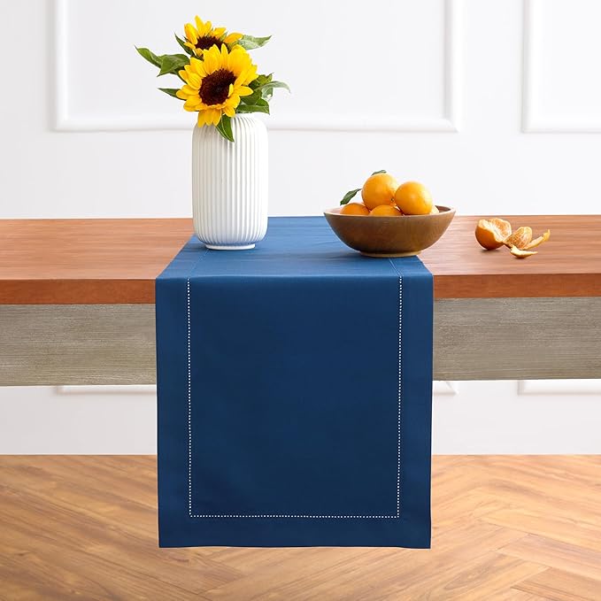 Solino Home Cotton Linen Table Runner 48 Inches - Lapis Blue Hemstitch Table Runner 14 x 48 Inch Ideal for Dresser and Coffee Tables