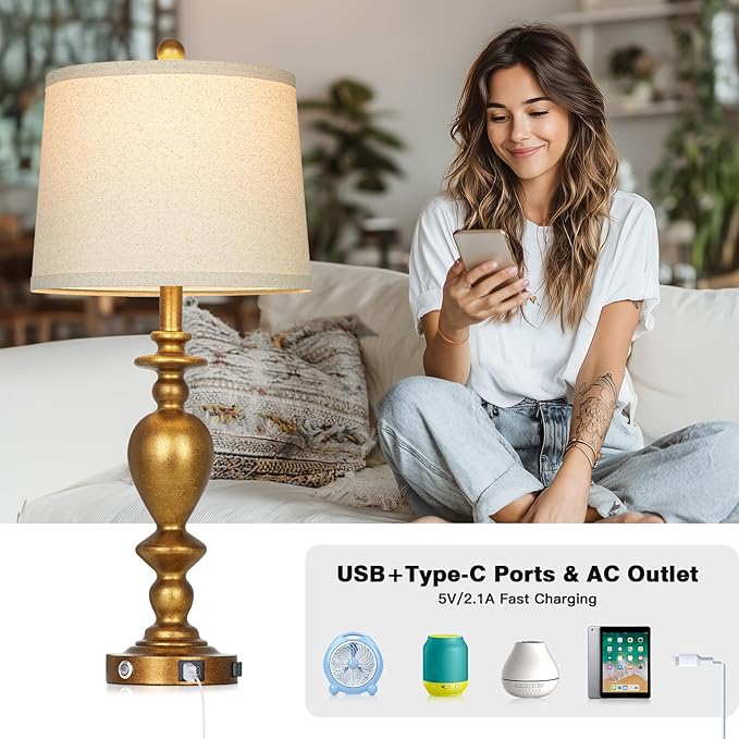 28" Farmhouse Table Lamps Set of 2 with USB C+A Ports & AC Outlet for Vintage Living Room Retro Bedroom,3-Way Dimmable Touch Lamp Resin Bedside Lamps for Nightstand Side End Table, Brass