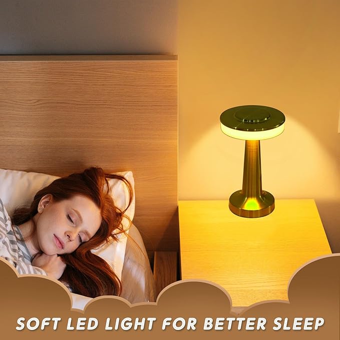 Riakrum 2 Pcs LED Portable Cordless Table Lamp with Touch Sensor 3 Color Stepless Dimming Rechargeable Battery up to 15 Hours Cordless Table Light Wireless Lamp for Nursery (Gold)