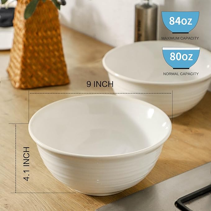 Serving Bowls Set of 2, 9 Inch Large Ceramic Mixing Bowls for Kitchen, Perfect for Salad Pasta Soup Pho Popcorn Baking Cooking, Ideal for Daily Meals Party Dinner Entertaining, White