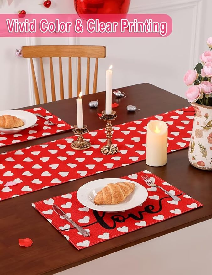 Red Love Heart Valentine's Day Table Runner 13"x72" & 4 Pcs 12"x18" Placemats Sets with 12 Heart Balloons, Love Letter Balloons, Stickers & Blowing Straw for Home Party Decor