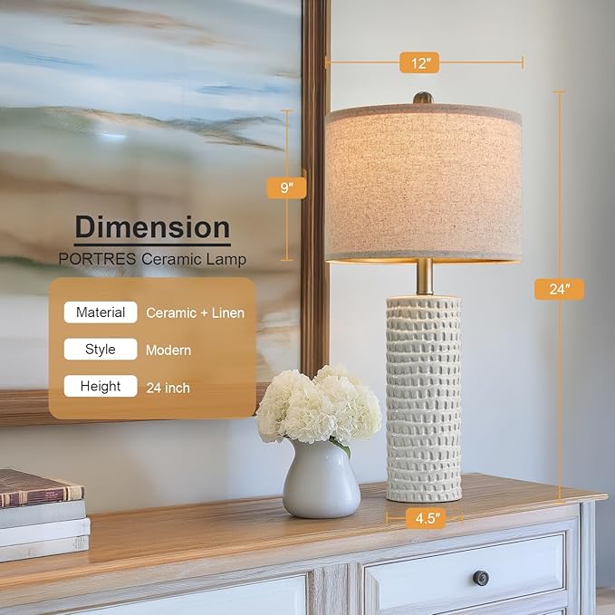 PORTRES 24" Modern Ceramic White Table Lamp Set of 2 for Bedroom Living Room Farmhouse Bedside Lamps Nightstand lamp Desk Lamp for End Table Home Decor
