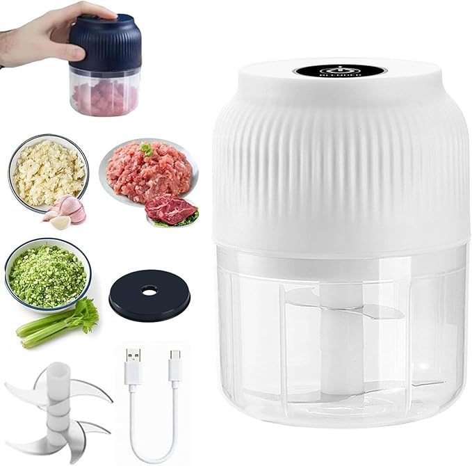 Electric Garlic Chopper, Mini Portable Veggie Cutter, 300ml Cordless Garlic Grinder Onion Masher, Portable Vegetable Cutter for Garlic, Onions, Herbs, Spices & Baby Food (White, 6 Blade)