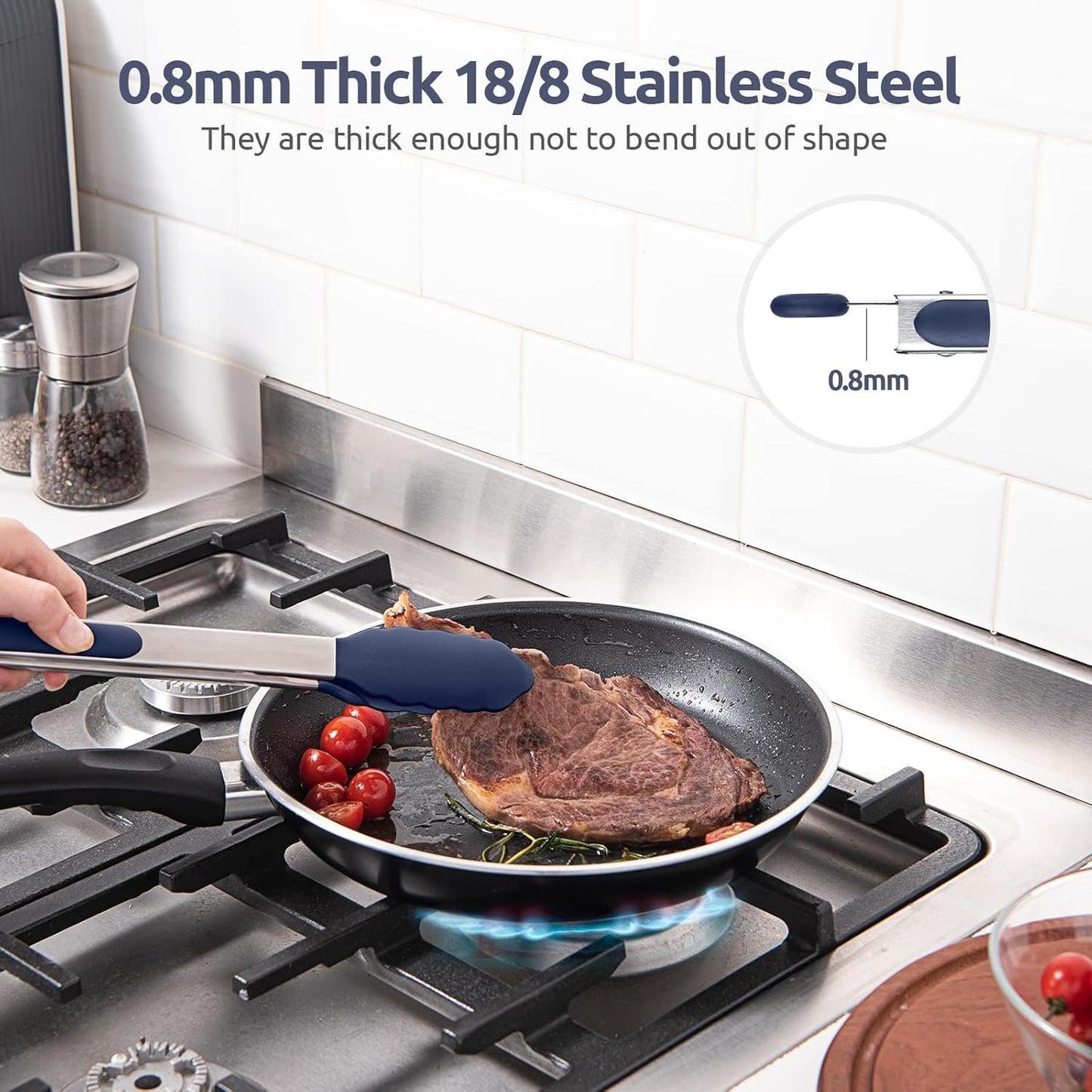 600ºF Heat Resistant Kitchen Tongs: U-Taste 7/9/12 inch Silicone Cooking Tong Set with Non Stick Rubber Tips and Silicon Coated 18/8 Stainless Steel Handle for Serving Grilling Salad(Midnight Blue)