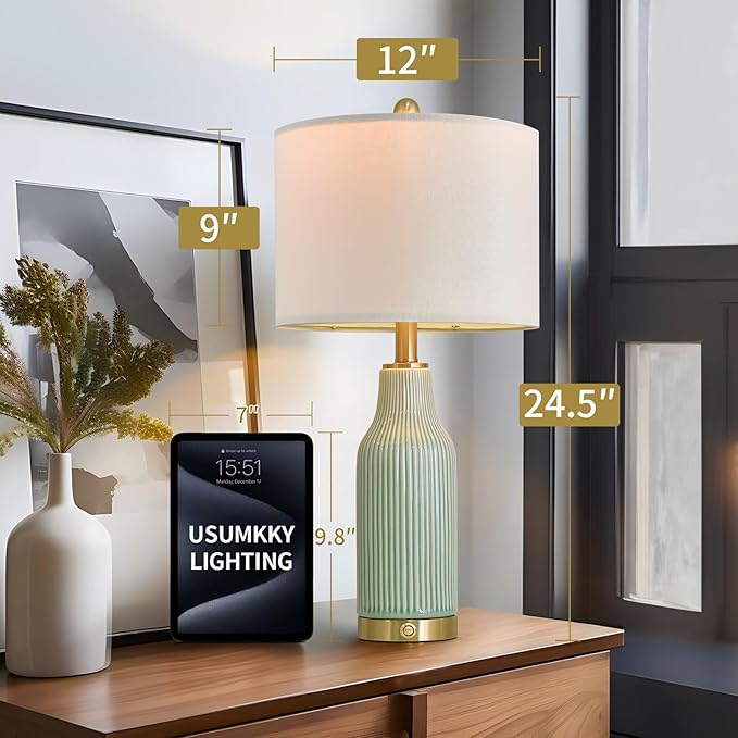24.5" Modern 3-Way Dimmable Touch Control with USB A+C Ceramic Lamps Set of 2 Table Lamp for Living Room Bedroom Farmhouse Nightstand Bedside Green