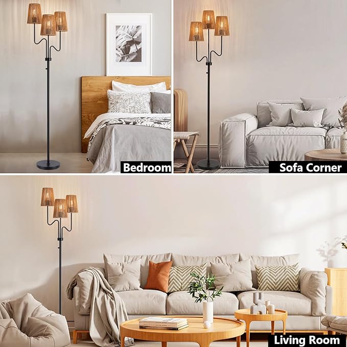 9MMML Farmhouse Boho Dimmable Floor Lamp with Rattan Shade, 68'' Tall Floor Standing Lamp, 3-Light Floor Lamp for Living Room, Bedroom, Office, Corner, 3 x E26 LED Bulb Included