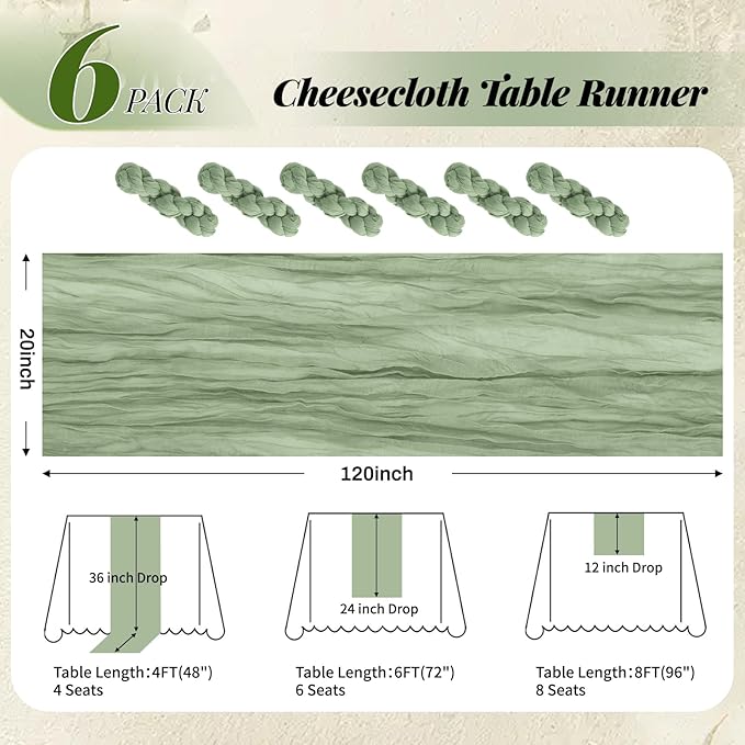 Aktor 6 Pack Sage Green Cheesecloth Table Runner 10Ft Gauze Table Runner Boho Semi Sheer Cheese Cloth Fabric Runners for Wedding Birthday Baby Shower Party Table Decoration（Sage Green）