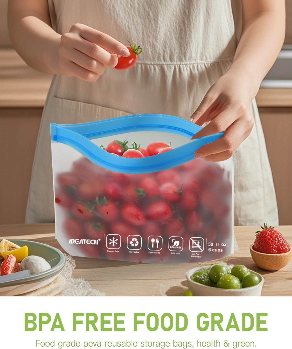IDEATECH Gallon Freezer Food Containers, BPA Free PEVA Reusable Gallon Bags, Reusable Sandwich Bags, Reusable Baggies for Lunch, Travel Healthy Food (Grey, 8Pack-8Gallon)