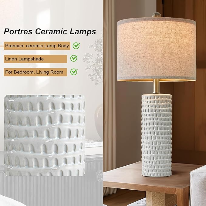 PORTRES 24" Modern Ceramic White Table Lamp Set of 2 for Bedroom Living Room Farmhouse Bedside Lamps Nightstand lamp Desk Lamp for End Table Home Decor