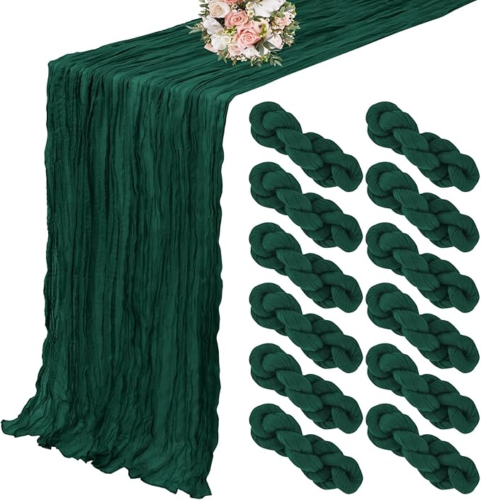 12 Pack Cheesecloth Table Runner 35 x 120 inch Long Boho Cheese Cloth Gauze Table Runners Semi Sheer Table Runner for Wedding Decor, Bridal Shower, Birthday Party (Emerald Green)
