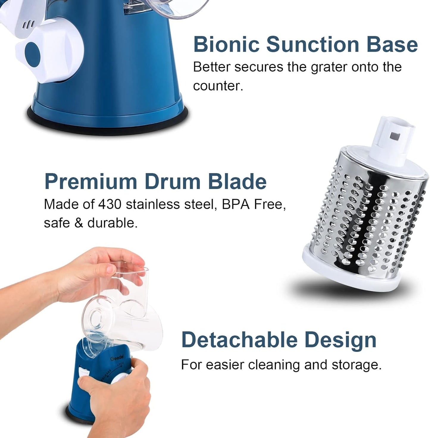 Geedel Rotary Cheese Grater, Kitchen Mandoline Vegetable Slicer with 3 Interchangeable Blades, Easy to Clean Rotary Grater Slicer for Fruit, Vegetables, Nuts