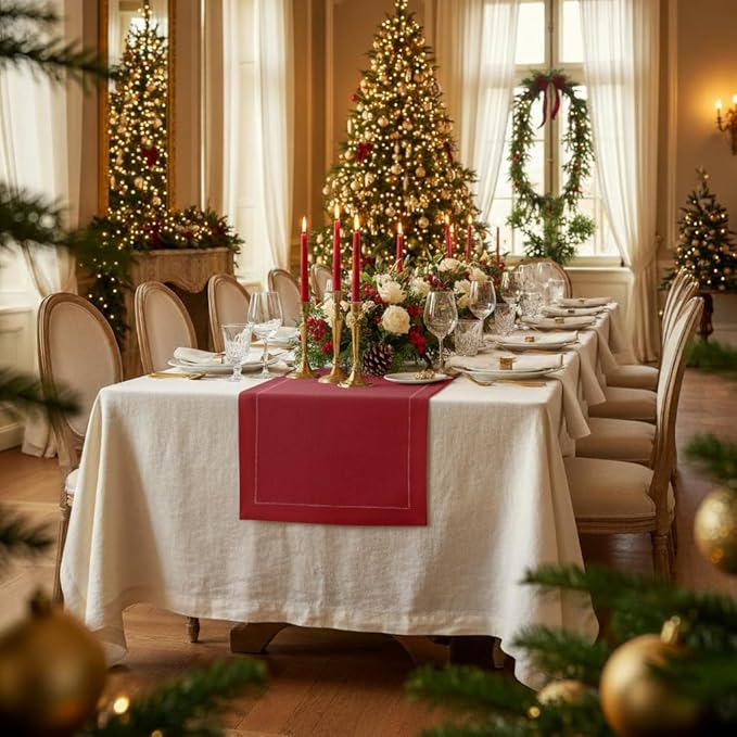 D'Moksha Homes Linen Table Runner 14 x 90 Inch - 100% Pure Linen Classic Hemstitch Red Table Runner - Machine Washable Farmhouse Table Runner for Christmas Decor, New Year