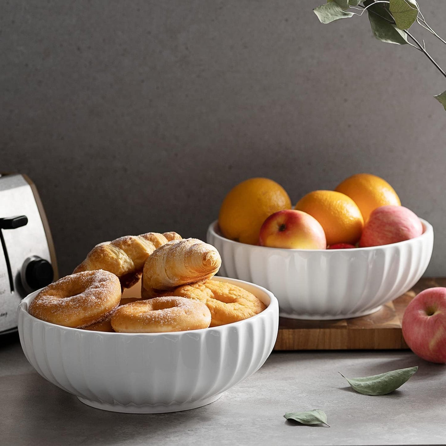 DOWAN 9.8'' Serving Bowls, 86 oz White Serving Platters, Large Ceramic Serving Dishes, Fruit Bowl, Set of 2, for Entertaining, Party, Kitchen, Dinner, Banquet, Housewarming Gift, White