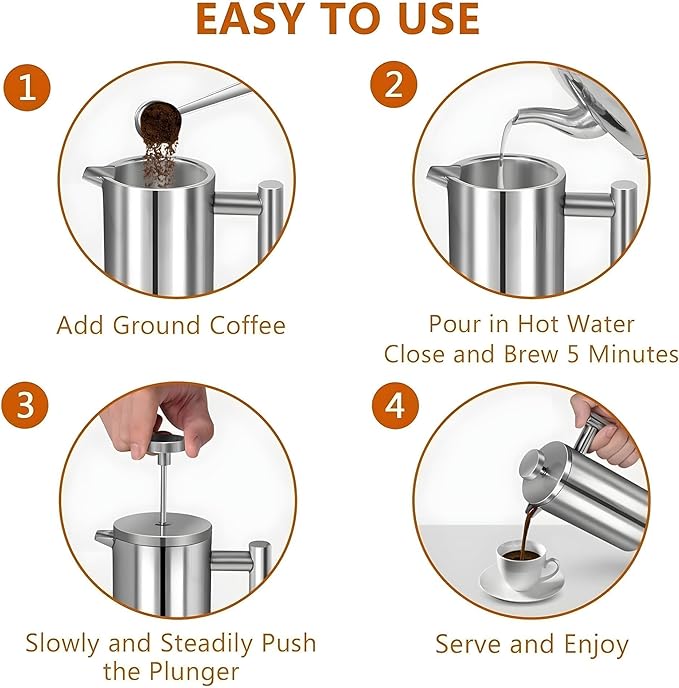 Small French Press Coffee Maker - Small 12oz/350ml Single Cup Metal French Press(1 Cup), Stainless Steel Double Wall Insulated Coffee & Tea Maker w/ 3 Extra Screens + 1 Spoon (Silver), Dishwasher Safe