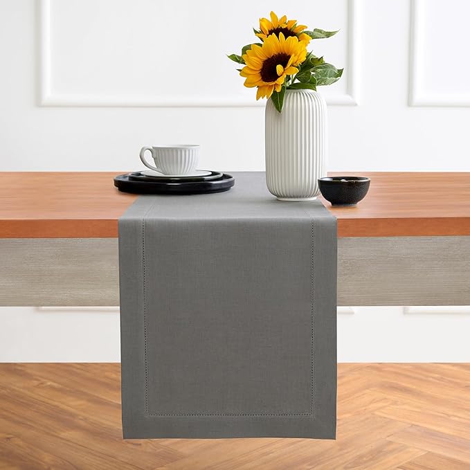 Solino Home Linen Steel Gray Hemstitch Table Runner 60 Inches - 100% Pure Linen Small Table Runner 14 x 60 Inch Ideal for Dresser and Coffee Tables - Classic Hemstitch