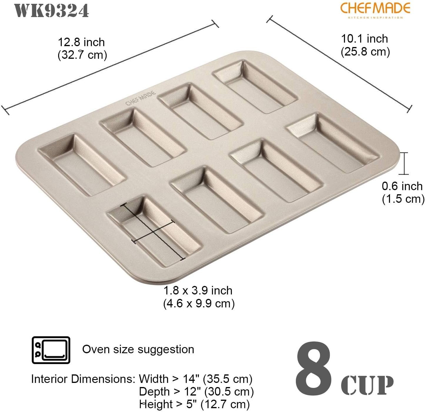 CHEFMADE Financier Cake Pan, 8-Cavity Non-Stick Rectangle Muffin Pan Biscuits Cookies Bakeware for Oven Baking (Champagne Gold)