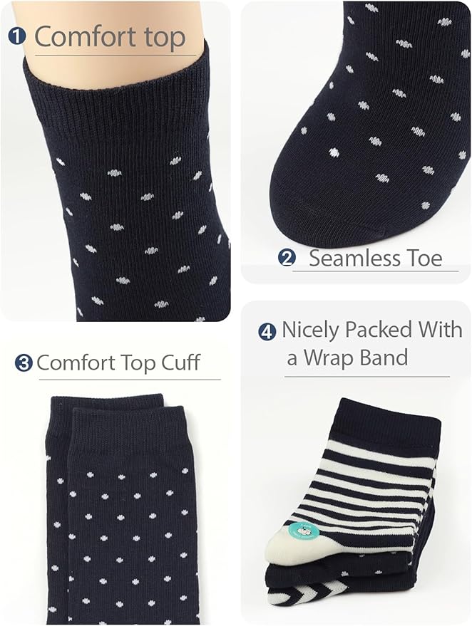 COTTON DAY Women's Soft Combed Cotton Dress Socks Seamless Toe Black White Gray Navy Blue Brown Beige