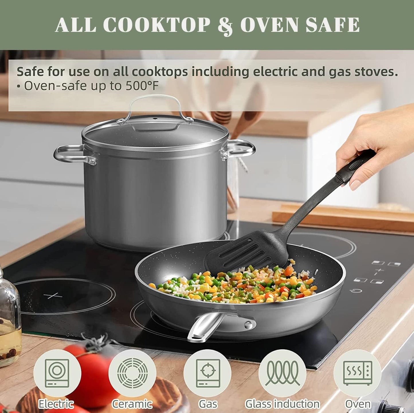 Nuwave 9pc Cookware Set Healthy Duralon Blue Ceramic Nonstick Coated, Diamond Infused Scratch-Resistant, PFAS Free, Oven Safe, Induction Ready & Evenly Heats, Tempered Glass Lids & Stay-Cool Handle